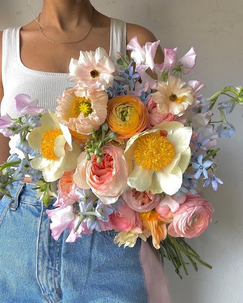 Colorful Wedding Altar Flowers, Faux Floral Arrangement Wedding, Multi Colored Wedding Bouquets, Wedding Florals Pop Of Color, Sapphic Summer, Pastel Peonies, Cut Flower Bouquet, Roses And Wildflowers, Colorful Flower Bouquet