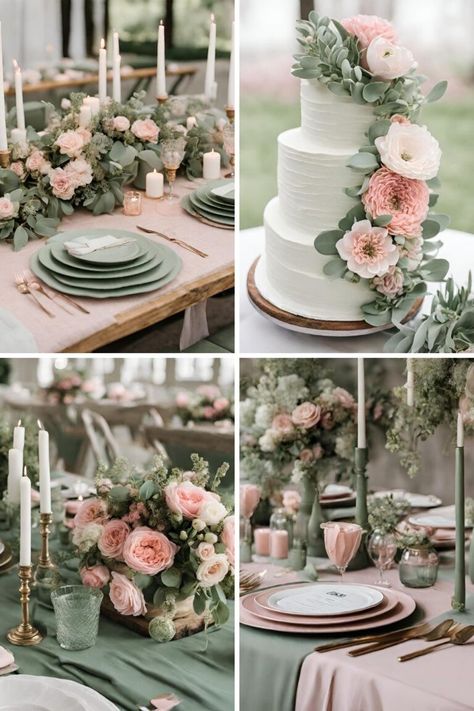 Outdoor Wedding Ideas Sage Green, October Wedding Ideas Indoor, Dusty Pink And Sage Green Wedding Table Decor, Wedding Inspo Elegant Decor, Sage Green And Pink Quinceanera Theme Decor, Sage Green Bridal Party Color Palettes, Quinceanera Color Schemes, Wedding Theme Sage Green, Sage Green Beach Wedding