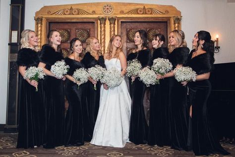 Unique Winter Bridesmaid Dresses, Black Fur Shawl Wedding, Black Bridesmaid Dresses Winter Faux Fur, Black Velvet Dress Bridesmaid, Winter Black Wedding, Black Velvet Bridesmaid Dresses Winter, Black Velvet Bridesmaid Dresses Long, Black Bridesmaid Dresses With Fur Shawl, Black Bridesmaid Dresses Velvet