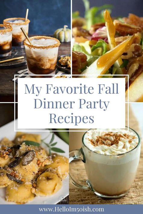 Discover how to host a fall dinner party that will delights your guests with my latest fall recipes blog post featuring my favorite fall dinner party recipes. From a pumpkin spice white Russian recipe to my favorite homemade butternut squash ravioli recipe, these fall get-together recipes are perfect for creating a cozy and inviting dinner party that everyone will remember. Click the link to read more today! Fall Dinner Party Meals, Autumn Get Together, Fall Dinner Party Entree, Meals For Dinner Party, Hosting Fall Dinner Party, Fancy Fall Dinner, Pumpkin Themed Dinner Party, September Dinner Party, Easy Dinner Party Recipes Main Dishes