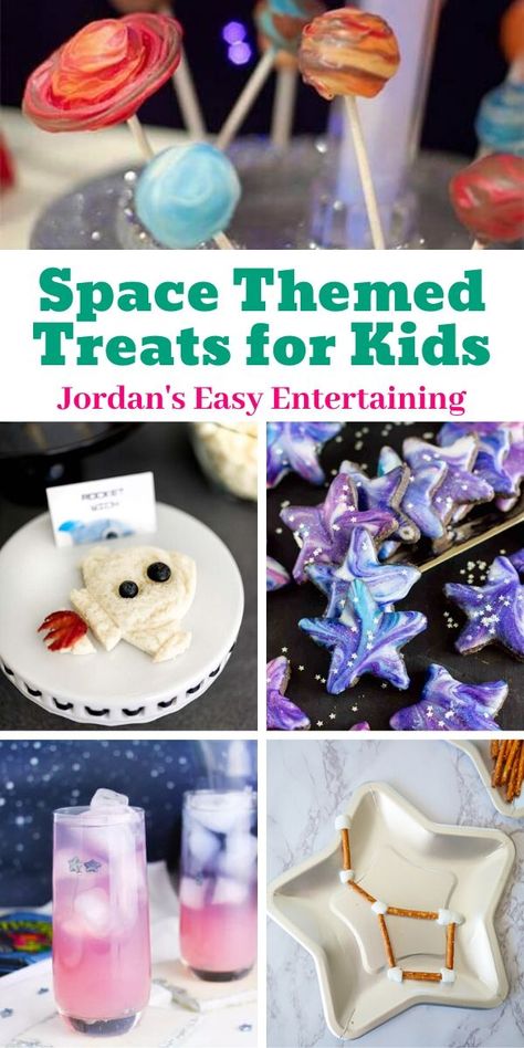 These space themed treats for kids are out of this world! Grab ideas for fun snacks, drinks, and desserts for your little astronaut. Outer Space Treats, Space Birthday Party Food Ideas, 1st Bday Space Theme, Planet Food Ideas, Outer Space Snack Ideas, Space Themed Party Foods, Space Birthday Party Crafts, Space Themed Birthday Food Ideas, Food Ideas For Space Theme Party