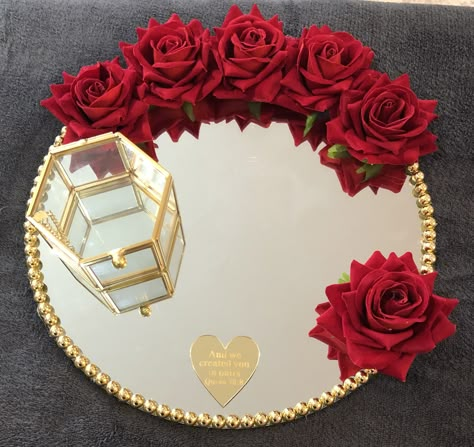 Nikkah Mirror, Flower Mirror Frame, Wedding Ring Tray, Ring Box Wedding Diy, Mirror Trays, Frames Diy Crafts, Wedding Gift Hampers, Diy Bouquet Wrap, Bridal Gift Wrapping Ideas