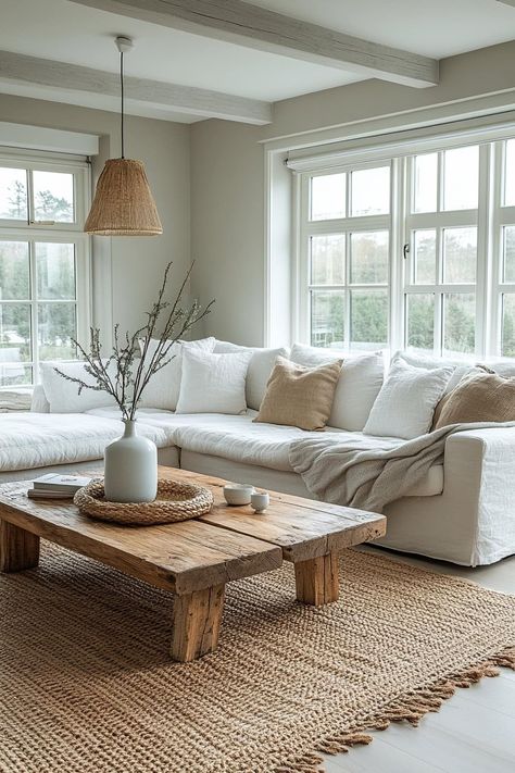 Small White House Interior, White Tiled Floors Living Room, Light Hardwood Living Room, White Couch Cozy Living Room, White And Bright Living Room, Clean White Modern Interior, Cream And White Apartment, Living Room Decor Wood Floor, Living Room Ideas With White Couch