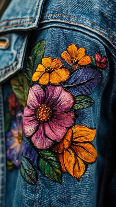 Custom hand-painted denim jacket featuring a vibrant floral design, captured in natural light using a Sony Alpha a7 III and a 50mm f/1.8 lens, showcasing intricate details in high resolution. Jean Jacket Art Ideas, Hand Painted Clothing Ideas, Painted Jean Jacket Diy, Hand Painted Jeans Diy Ideas, Custom Denim Jacket Paint, Hand Painted Denim Jacket Art, Painting On Denim Jacket, Hand Painted Jean Jacket, Unique Denim Jacket