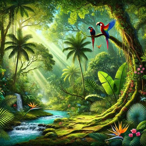 Immerse yourself in the vibrant beauty of a jungle paradise with this stunning digital artwork. The intricate details and vivid colors capture the essence of tropical nature, perfect for adding a touch of exotic beauty to your space. The image size is 1024 x 1024 pixels, and the DPI (dots per inch) is 72. Beautiful Rainforest, Jungle Collage, Jungle Landscape Art, Jungle Landscape Painting, Magical Jungle, Jungle Color Palette, Fantasy Jungle Art, Jungle Art Projects, Jungle Art Tropical