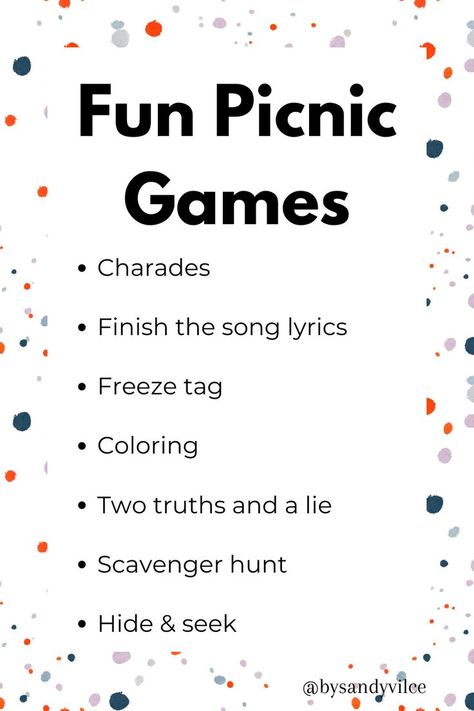 Fun Picnic Games infographic. Games include chrades, finish the song lyrics, freeze tag, coloring, two thruths and a lie, scavenger hunt, and hide and seek Picnic Game Ideas For Friends, Games For Picnic, Picnic Birthday Party Games, Picknick Games, Ideas For Picnic, Games For Picnic Ideas, Games To Play At A Picnic With Friends, Games To Play At A Picnic, Picnic Ideas For Friends Games