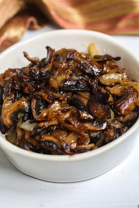 Elk Backstrap, Carmelized Onions And Mushrooms, Steak Toppings, Caramelized Mushrooms, Caramelized Onions And Mushrooms, Mushroom Side Dishes, Mushroom Recipes Healthy, Garlic Butter Mushrooms, Mushrooms And Onions