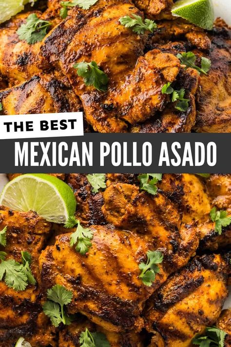 This easy Pollo Asado recipe is marinated in a mixture of lime and orange juice, Mexican herbs and spices and achiote powder to achieve it's signature red-orange color. Grill it, roast it in the oven or even make it in the slow cooker! #polloasado #grilledchicken #mexicanrecipes Authentic Pollo Asado Marinade, Slow Cooker Pollo Asado, Chicken Pollo Asado, Weeknight Mexican Dinner, How To Make Pollo Asado, Mexican Flavored Chicken, Pollo Asado Mexican Roast Chicken, Mexican Chicken Recipes Easy, Instant Pot Pollo Asada