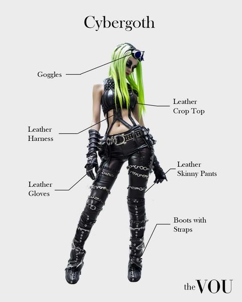 Biohazard Aesthetic Outfit, Neon Goth Outfit, Biohazard Outfit, Cyberpunk Outfit Futuristic, Dark Colors Outfit, Dark Futuristic Fashion, Different Goth Styles, Cybergoth Clothes, Futuristic Witch