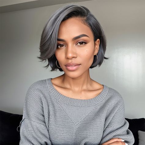 Black Women Hairstyles Shoulder Length, Salt And Pepper Highlights Going Gray, Short Hair On Round Face Black Women, Salt And Pepper Hair Sew In, Salt And Pepper Short Hairstyles, Nape Length Bob, Bob Styles For Thick Hair, Medium Length Haircut For Black Women, Pixie Cut And Glasses