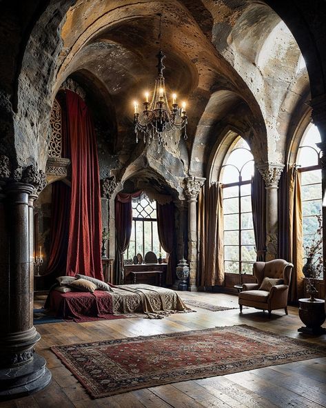 Vampire Interior Design, Vampire House Interior, Vampire Castle Interior, Gothic Castle Interior, Midevil Castle, Castle Aesthetic Interior, Aesthetic Location, Medieval Bedroom, Gothic Setting