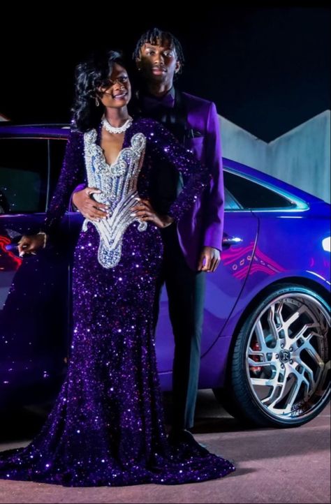 Creative Prom Outfits, Ball Dress With Sneakers, Purple Couple Prom Outfits, Prom 2022 Black Couples, Blue Prom Dress Black Couple, Prom Dresses Purple And Black, Royal Purple Prom Dress Couple, Dark Purple Prom Dress Black Women, Best Prom Colors For Couples