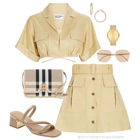 Yellow Spring Outfit, Linen Top And Skirt, Beige Sunglasses, Beige Mules, Fashion Airport, Arizona Vacation, Burberry Shoulder Bag, Diy Vetement, Top And Skirt Set