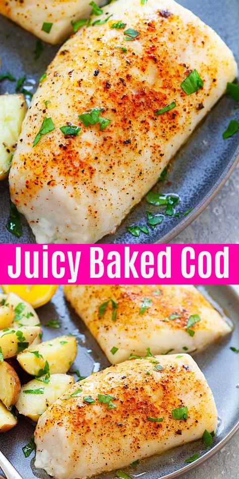 Baked Cod (Extra Juicy!) - Cod Recipes - Rasa Malaysia Cod Fish Recipes Baked With Old Bay, Baked Cod Loin Recipes Oven, Cod Oven Recipes, Alaska Cod Fillet Recipe, Seasoning For Cod Fillets, Alaskan Cod Fillet Recipes, Recipes With Cod Fillets, Broiled Cod Recipes, Cooking Cod Fillets