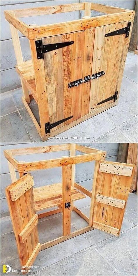 Pallet Kitchen Cabinets, Diy Wood Pallet, Pallet Cabinet, Pallet Kitchen, Kabinet Dapur, Wooden Pallet Furniture, Wooden Pallet Projects, Recycled Pallets, Pallet Crafts