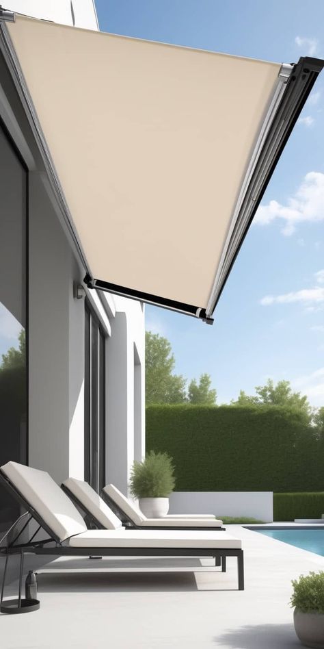 Perfect for ultimate convenience, a retractable motorized awning combines practicality with beauty. With a touch of a button, it extends to provide shade and retracts when not in use, featuring a sleek and modern design. Modern Retractable Awning, Sun Shade For Patio, Retractable Sun Shade, Patio Sails, Sun Awnings, Deck Addition, Retractable Shade, Patio Sun Shades, Shading Device