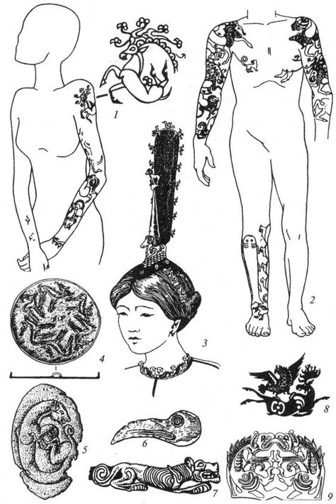 Tattoos and artifacts associated with the Pazyryk "Ice Maiden" tomb. Ancient History Tattoo, Scythian Tattoo, Historical Tattoos, 42 Tattoo, History Tattoos, Ancient Tattoo, Tattoo Techniques, Handpoke Tattoo, Tattoos And Body Art