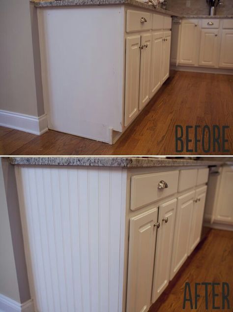 Add paneling to open cabinet sides for a quick and easy updated look. Wood glue and caulk before priming and painting. Kitchen Diy Makeover, Classic Kitchen, After Pictures, Diy Interior, Kitchen Redo, Before And After Pictures, Counter Tops, Kitchen Projects, Updated Kitchen