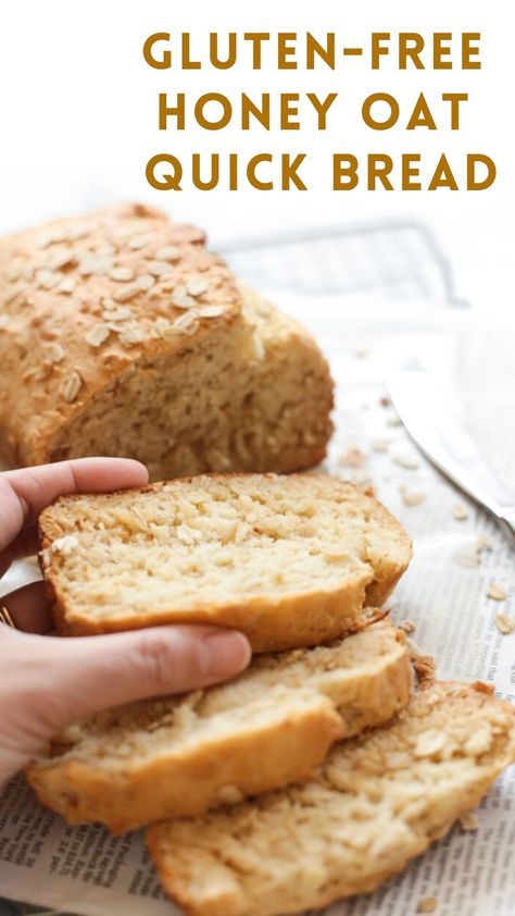 A moist, gluten-free quick bread made with oats and honey. No yeast required for this recipe, and you'll get tender, fluffy bread every single time. Bake a loaf or two to enjoy today! Delicious on its own, or spread with butter and jam. | honey oat bread | easy gluten free bread | gluten free quick bread | bread recipes gluten free | oat bread gluten free | how to make gluten-free quick bread | easy oat bread recipe | oat recipes Gluten Free Honey Oat Bread, Gluten Free Oat Bread, Gluten Free Quick Bread, Gluten Free Bread Machine, Glutenfri Baking, Honey Oat Bread, Yeast Free Breads, Fluffy Bread, Oat Bread