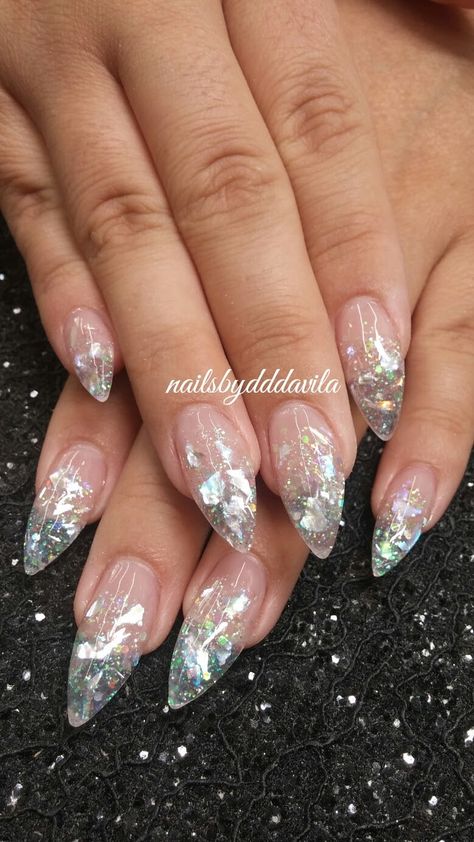 Nail Glass Design, Short Almond Bling Nails, Glass Glitter Nails, Almond Glass Nails, Gel Encapsulated Nails, Black Encapsulated Nails, Encapsulated Almond Nails, Clear Almond Nails Designs, Clear Glass Nails