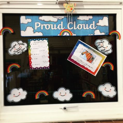 Proud Cloud- a lovely way to show off work. #proudcloud #classroomdisplays #ks1ideas #EYFSideas #wowwork Proud Cloud Display Eyfs, Kudos Board, Proud Cloud, Key Stage 1, Off Work, Classroom Setup, Classroom Displays, Teacher Classroom, Early Years