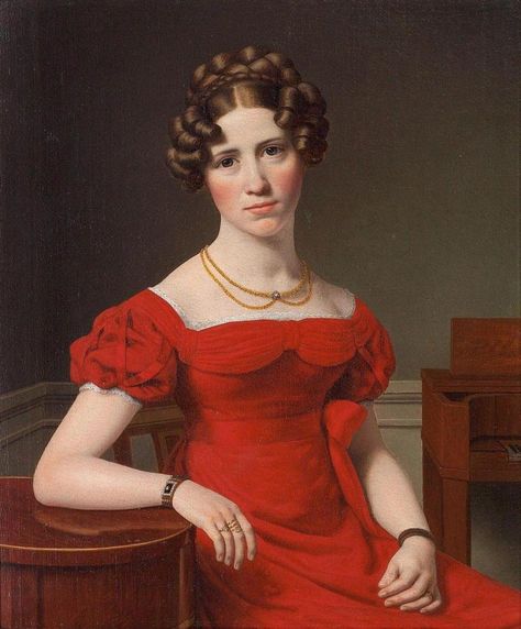 Christoffer Wilhelm Eckersberg: Porträt von Louise Christiane Fugl, 1825 1820s Fashion, Regency Era Fashion, Regency Dress, Regency Fashion, 19th Century Fashion, Red Gowns, Female Portraits, Empire Style, Fashion Portrait