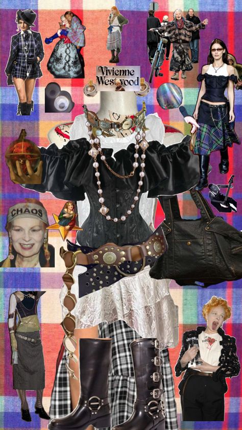 Vivienne westwood, Vintage outfit, plaid outfit, skirt outfit, outfit collage, orbit, color, black and white outfit, boot and skirt outfit, corset outfit, inspired outfit, fashion, unique outfit, vintage outfit, vintage, vintage clothes, jewelry, pearls, black, white, color, outfit inspo, inspiration, styling, stylist, vision, vision board, outfit vision board Vivienne Westwood Skirt Outfit, Vivienne Westwood Inspired Outfit, Outfit Vision Board, Fashion Vivienne Westwood, Vivienne Westwood Inspired, Vivienne Westwood Vintage, Outfit Corset, Board Outfit, Plaid Outfit