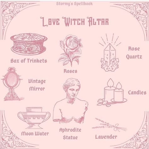 @mysticwitchofthemoon on Instagram: “Things to add to the altar of a love witch or when practicing love based magic 🙂❤🥀 Credit- @stormysspellbook . . #wiccansofinstagram…” Love Witch Altar, Romantic Pfp, Mythology Goddesses, Grimoire Ideas, The Love Witch, Witch Altar, Aphrodite Aesthetic, Witchcraft Altar, Aphrodite Goddess