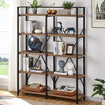 FATORRI Industrial Bookshelf 5 Tier, Rustic Wood Etagere Bookcase, Metal Tall Book Shelf with Open Shelving Unit (Rustic Oak, 51 Inch Wide) Solid Wood Bookshelf, Open Shelving Units, Industrial Bookcases, Industrial Bookshelf, Open Bookshelves, Corner Bookshelves, Wood Bookshelves, Vintage Industrial Style, Bookshelf Storage