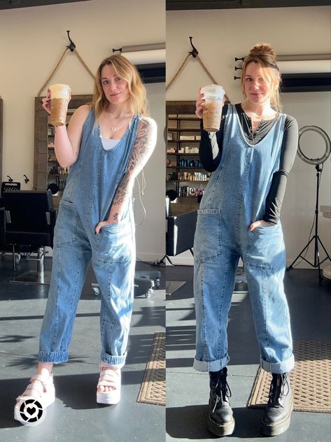 Summer to fall overalls outfit. These are the free people overalls but see my other posts for the amazon dupe that I love just as much! Follow my shop @baker.blooms on the @shop.LTK app to shop this post and get my exclusive app-only content! #liketkit #LTKshoecrush #LTKstyletip #LTKSeasonal @shop.ltk Overalls And Hat Outfit, Overalls And Boots Outfit, Office Overalls Outfit, Overalls With Blazer, Halara Overalls Outfit, Free People 2023, Layered Overalls Outfit, Wide Leg Overalls Outfit Fall, Cream Overalls Outfit Fall