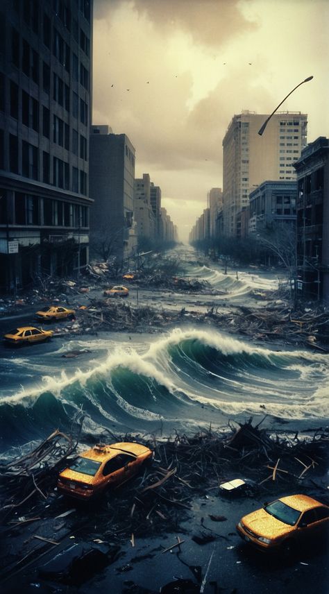 In a apocalyptic world in the city Large tsunami waves 3 Natural Disasters Aesthetic, Tsunami Photography, Natural Disasters Poster, Tsunami Wallpaper, Tsunami Illustration, Tsunami Aesthetic, Disaster Drawing, Tsunami Image, Natural Disasters Art