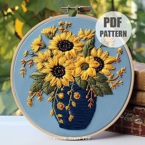 Sunflowers jar Embroidery Pattern, Spring Series, Hand Embroidery Pattern, Instant Digital Download, Beginners Craft, Sunflowers Embroidery by StitchCraftPDF on Etsy Sunflower Embroidery Pattern, Jar Embroidery, Embroidery Bouquet, Embroidery Sunflower, Sunflower Embroidery, Sunflower Bouquet, Beginner Crafts, Embroidery Stitching, Sunflower Bouquets