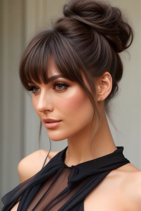 27+ Chic Updo Hairstyles with Bangs for Prom Night 8 Bangs Bridesmaid Hair, Bridal Updo With Fringe, Up Do With Fringe, Classy Bangs Hairstyle, Elegant Hair With Bangs, New Years Eve Updo Hairstyles, Low Bun Hairstyles With Bangs, Updos For Long Hair With Bangs, Bangs With Bun Hairstyle