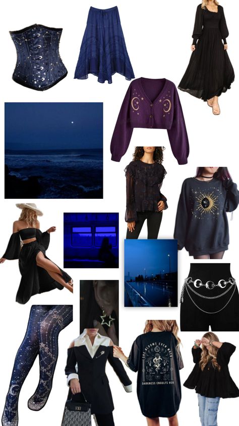 Images of nighttime, urban areas, clouds, sea etc. And outfits inspired by these images, with star and moon accessories and flowy dark clothes Dazecore Outfit, Dazecore Aesthetic, Aesthetic Outfits, Aesthetic Fashion, Clothes