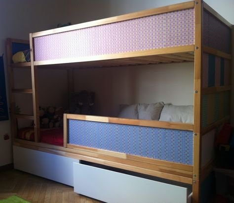 IKEA Hackers: Kura bunk bed with underbed storage (Change the pattern on the sides to something girly) Cama Ikea Kura, Kura Bed Hack, Ikea Bed Hack, Bed With Underbed, Cama Ikea, Sophie Grace, Diy Storage Bed, Twin Bedroom Sets, Underbed Storage Drawers