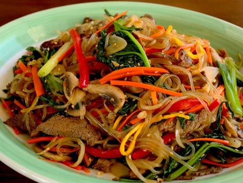 Japchae (Sweet potato starch noodles stir fried with vegetables) recipe - Maangchi.com Cooked Vegetable Recipes, Spiral Vegetable Recipes, Vegetable Korma Recipe, Maangchi Recipes, Vegetable Dishes Recipes, Fresh Vegetable Recipes, Yummy Vegetable Recipes, Vegetable Casserole Recipes, Sweet Potato Noodles