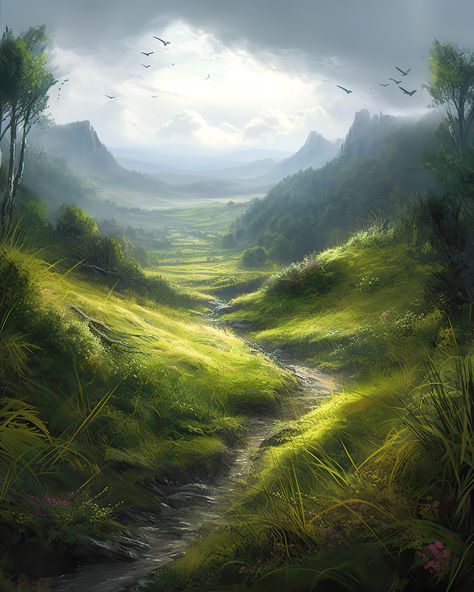 Grasslands Fantasy Art, Fantasy Highlands, Fantasy Grasslands, Fantasy Farmland, Fantasy Setting Village, Fantasy Plains, Fantasy Valley, Fantasy Fields, Plains Landscape