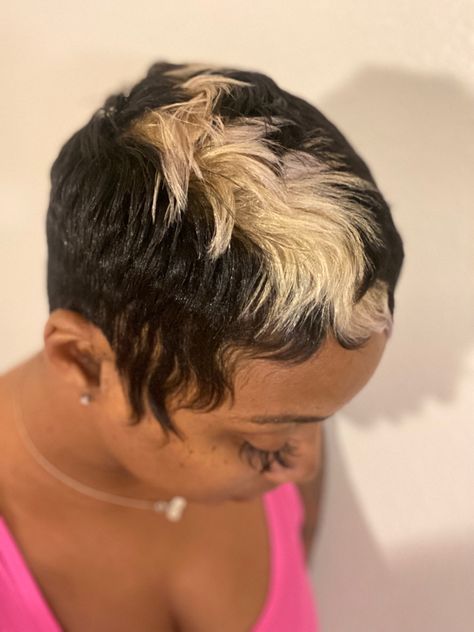 Stylist: Lucy Rue on Facebook Short Pixie With Color For Black Women, Colored Pixie Cut, Skunk Patch Hair, Rose Gold Pixie Haircut Black Women, Short Honey Blonde Hair On Black Women Pixie Cut, Golden Blonde Pixie Haircut Black Women, Molded Pixie Black Women, Skunk Hair, Finger Wave Hair