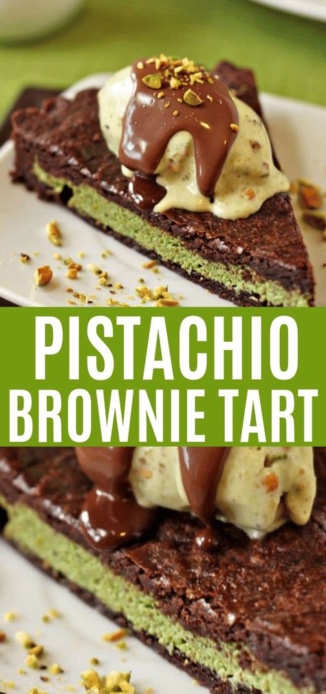 Pistachio Brownie Tart - These Pistachio Marzipan Brownie Tarts is like eating fresh pistachios with a spoon and lacks the powerful almond flavor and uber-sweetness of some aggressive marzipans. Oh and its paired with this chocolate dough that's half brownie half chocolate tart!  #pistachio #marzipan #brownie #tart #dessert #holiday Pistachio Brownies, Pistachio Marzipan, Brownie Tart, Chocolate Dough, British Bake Off Recipes, Marzipan Recipe, Dessert Holiday, Tart Crust, Favorite Pie Recipes