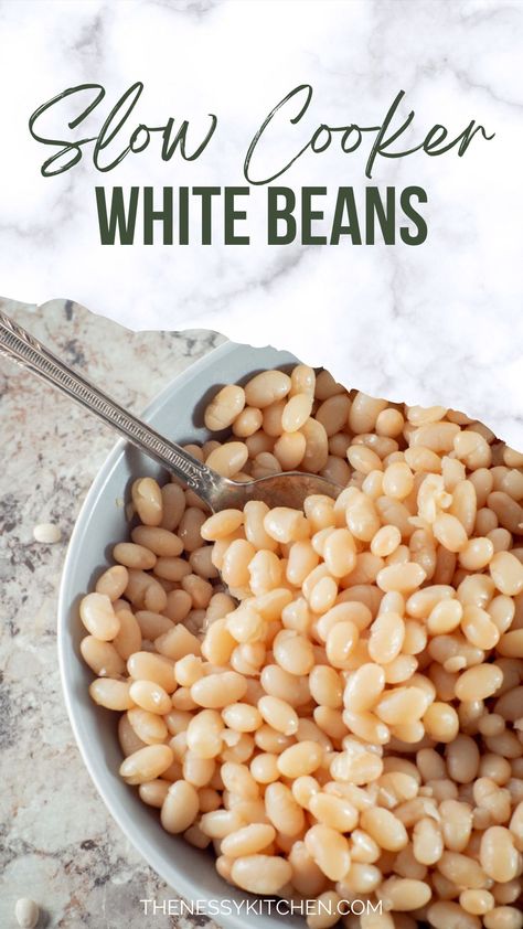 Cooking white beans from scratch in the slow cooker is so simple and adds so much flavor to the recipes that use them! Try them in soups, hummus and more. White Soup Beans, White Beans Crockpot Easy, Crock Pot White Beans, White Beans Recipe Crockpot, White Northern Beans Recipes Crock Pot, White Beans In Crockpot, White Bean Crockpot Recipes, Cooking Dry Beans In Crockpot, How To Cook White Beans