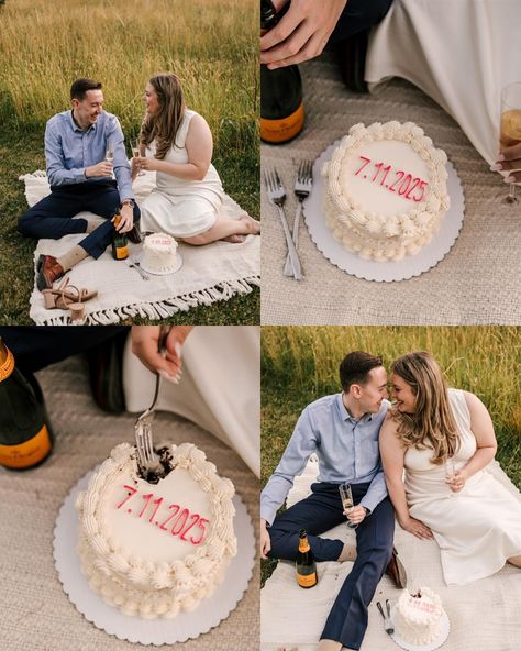 Who needs to wait for wedding cake?! The celebration starts NOW. Natalie & David having a cake & champagne picnic. 🤍🤍 . #cake #weddingcake #letthemeatcake #njengagement #njengagementphotographer #newjerseyengaged #njbride #njwedding #njweddingphotographer #newjerseyweddingphotographer #thefoxandthehare #ringwoodnj Engagement Pictures With Cake, Anniversary Cake Photoshoot, Fall Picnic Engagement Photos, Engagement Photos Cake, Engagement Photos With Cake, Courthouse Wedding Ideas, Champagne Picnic, Picnic Shoot, Picnic Engagement Photos