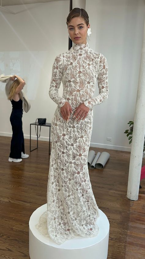 Very Long Sleeve Dress, Ethereal Long Sleeve Wedding Dress, Long Sleeve Applique Wedding Dress, Long Sleeve Wedding Dress Lace High Neck, Wedding Dress With Neck Collar, Sheer Wedding Dress Sleeves, Long Sleeve Overlay Wedding Dress, High Neck Long Sleeve Lace Wedding Dress, Wedding Dresses For Church