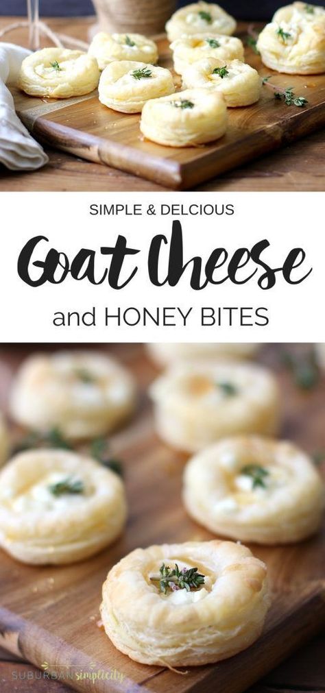 Savory Goat Cheese and Honey Bites are the perfect appetizer recipe for your next gathering or holiday party. � Flaky pastry topped with creamy goat cheese, sweet honey and thyme make an easy entertaining idea! #goatcheeserecipe #puffpastry Goat Cheese And Honey, Cheese And Honey, Creamy Goat Cheese, Ready Meals, Goat Cheese Recipes, Flaky Pastry, Easy Entertaining, Kielbasa, Mango Salsa