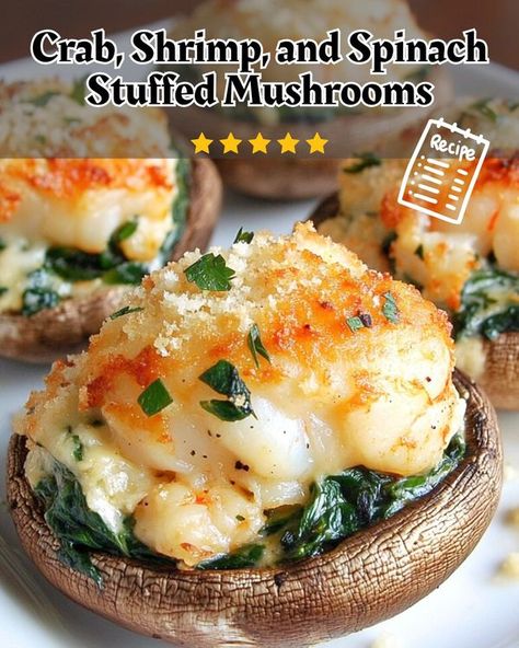 Yummy Food | Crab, Shrimp, and Spinach Stuffed Mushrooms | Facebook Crab And Shrimp Stuffed Mushrooms, Crab Stuffed Mushroom Recipes, Gluten Free Shrimp Appetizers, Dairy Free Stuffed Mushrooms, Stuffed Mushrooms With Crab, Ultimate Chili Recipe, Healthy Stuffed Mushrooms, Seafood Stuffed Mushrooms, Shrimp And Spinach