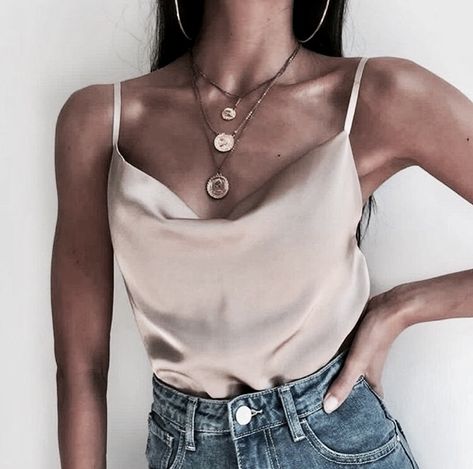 Satin Tank Top Outfit, Tank Top Outfit, Bell Jeans, Satin Tank Top, Slip Top, Top Outfit, Satin Blouses, Satin Slip, Long Sleeve Blazers