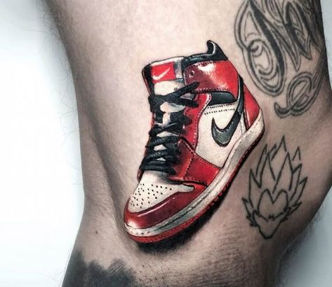 Air Jordan Tattoo Design, Jordan 1 Tattoo Ideas, Air Jordan Tattoo Ideas, Jordan Shoes Tattoo, Jordan Shoe Tattoo, Chuck Taylor Tattoo, Jordan Tattoo Design, Nike Tattoo Ideas, Jordans Tattoo