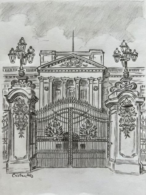 London Architecture Drawing, London Sketch Draw, Palace Drawing Easy, Buckingham Palace Drawing, London Drawing Sketches, City View Drawing, Palace Sketch, London Art Drawing, Palace Drawing