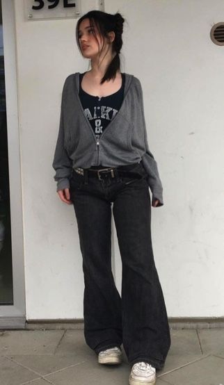 Dark Gray Zip Up Hoodie Outfit, Outfits With Gray Jacket, Slightly Alt Outfits, Grunge Outfits With Black Jeans, Alt Flare Jeans Outfit, Outfits With Gray Shirt, Alt Sweater Vest Outfits, Grey Grunge Outfit, Gray Flare Jeans Outfit