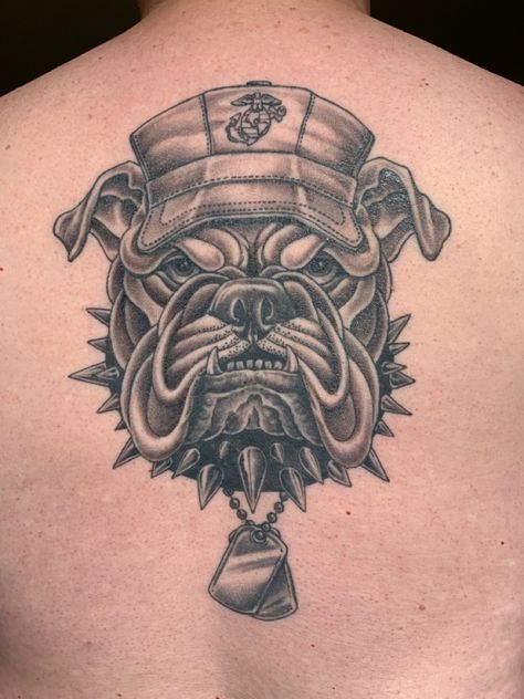 Artist: Joe Capone Marine Corps Bulldog Tattoos, Marine Bulldog Tattoo, Usmc Tattoo Ideas, Usmc Bulldog Tattoo, Marine Tattoo For Men, Devil Dog Tattoo, Fierce Animal Tattoos, Marine Corps Tattoo, Tyler Tattoo