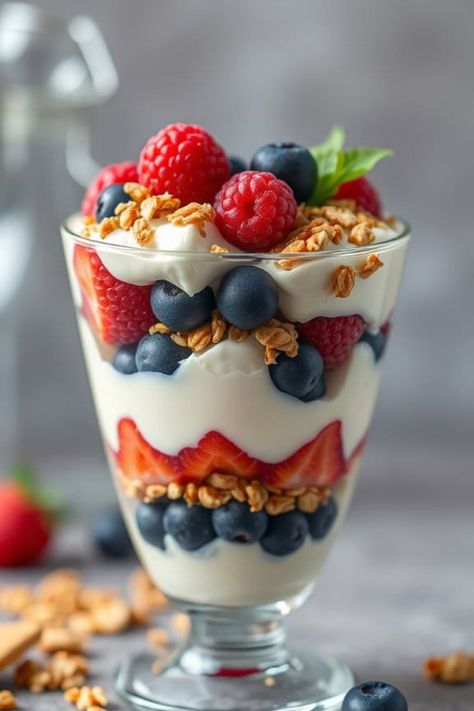 Parfait layered with yogurt, granola, strawberries, blueberries, and raspberries in a glass. Mini Fruit And Yogurt Parfait, Yougart Parfait Cups Recipe, Mini Yogurt Parfait Cups, Best Parfait Recipe, Easy Parfait Recipes, Fruit Yogurt Parfait, Parfait Yogurt, Fruit Parfait Recipes, Easy Parfait